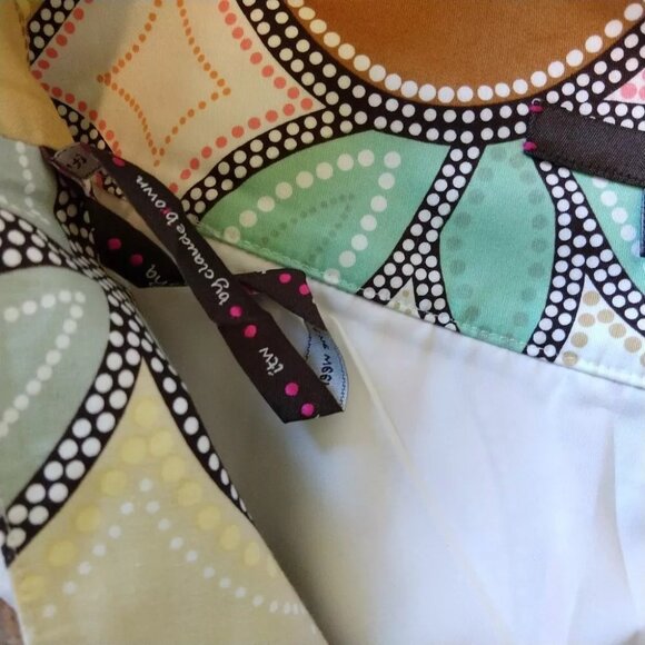 Pleated A-Line Skirt Mod Psychedelic Geo Print 8 Chunky Buttons - Picture 7 of 9